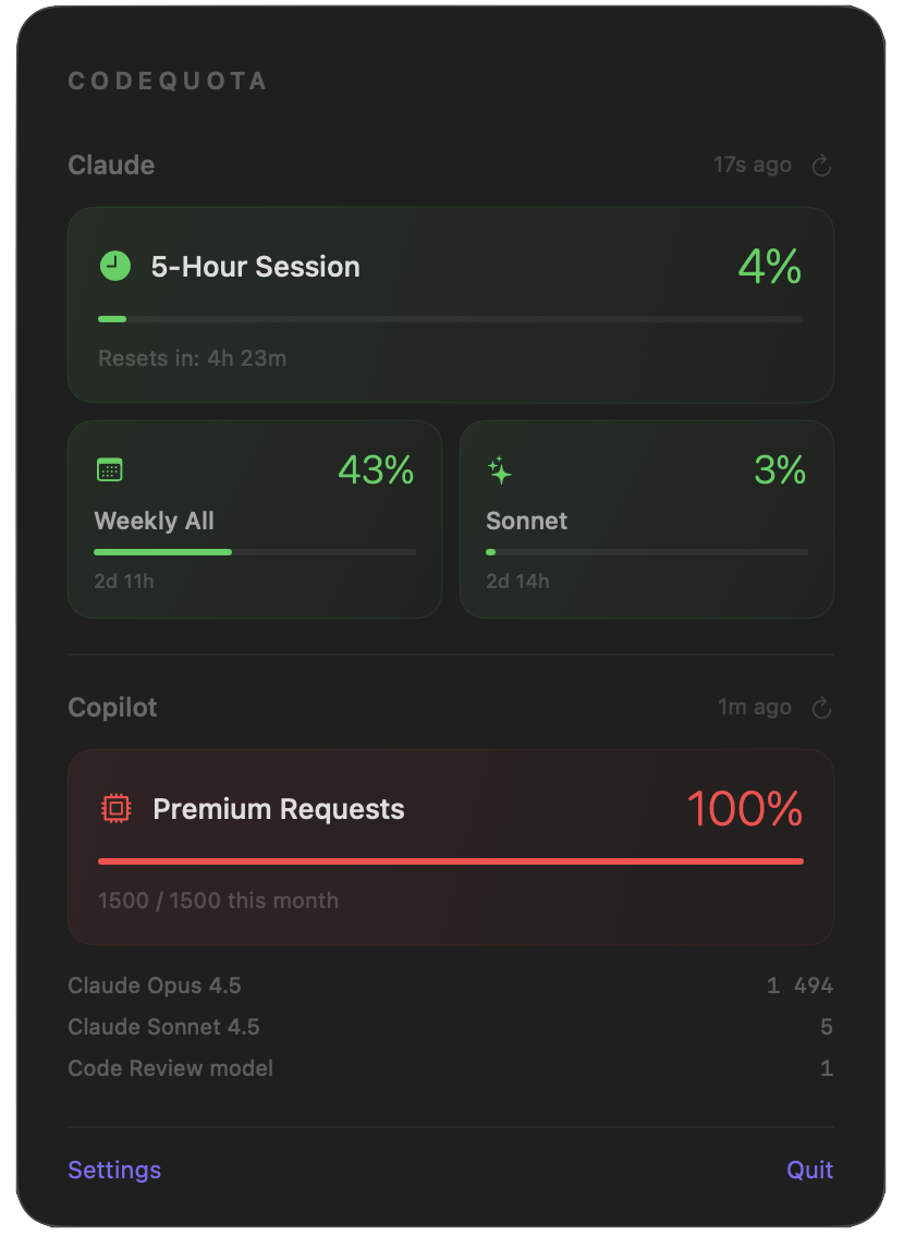 CodeQuota usage dashboard